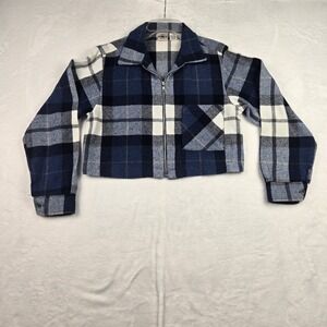 Jeanswear County Seat Women's Blue White Plaid‎ Cropped Zippered Jacket Small
